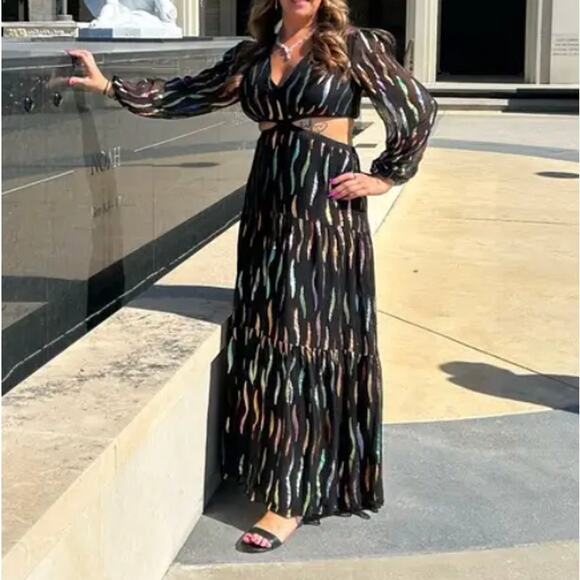 Shoshanna Black Metallic Ribbon Maxi Dress SIZE 6 Cut Out Balloon Sleeves $648 - Picture 10 of 11